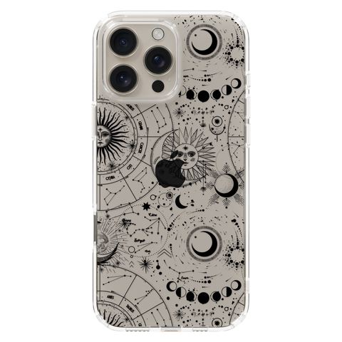 Celestial Zodiac Clear Phone Case Black shown on iPhone 16 Pro Max