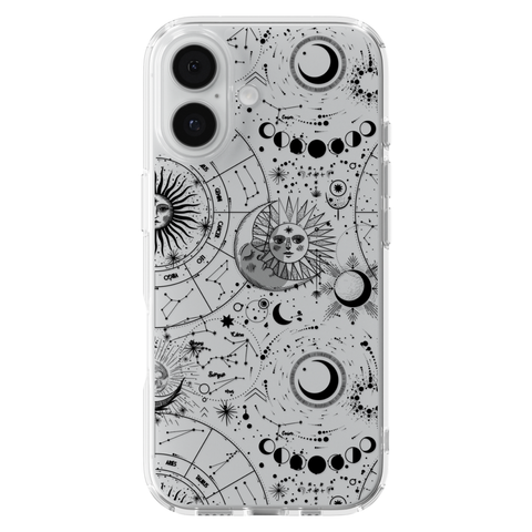 Celestial Zodiac Clear Phone Case Black shown on iPhone 17