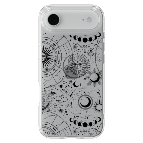 Celestial Zodiac Clear Phone Case Black shown on iPhone 17 Air