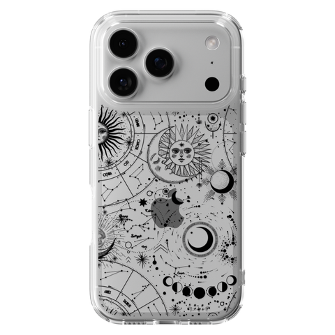 Celestial Zodiac Clear Phone Case Black shown on iPhone 17 Pro