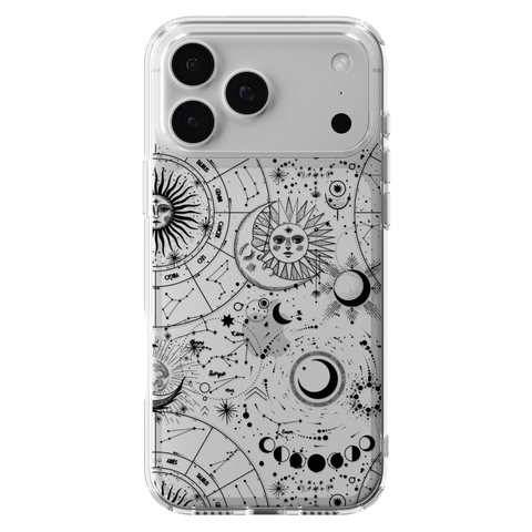 Celestial Zodiac Clear Phone Case Black shown on iPhone 17 Pro Max