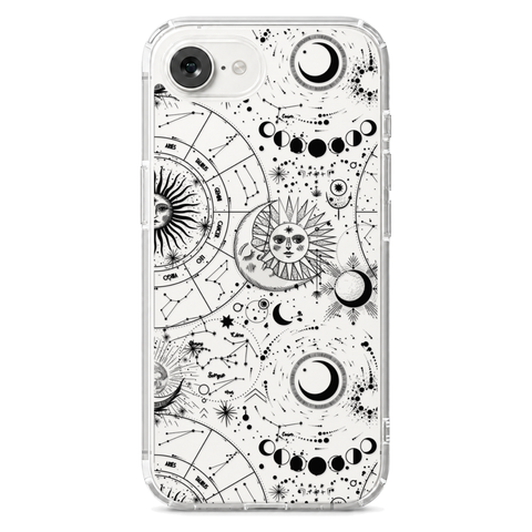 Celestial Zodiac Clear Phone Case Black shown on iPhone 17e