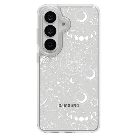 Celestial Zodiac Clear Phone Case White shown on Galaxy S25