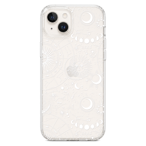 Celestial Zodiac Clear Phone Case White shown on iPhone 14 Plus