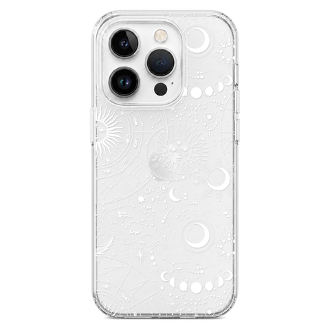 Celestial Zodiac Clear Phone Case White shown on iPhone 14 Pro