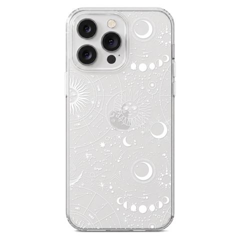 Celestial Zodiac Clear Phone Case White shown on iPhone 14 Pro Max