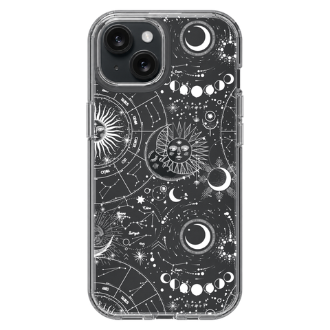 Celestial Zodiac Clear Phone Case White shown on iPhone 15
