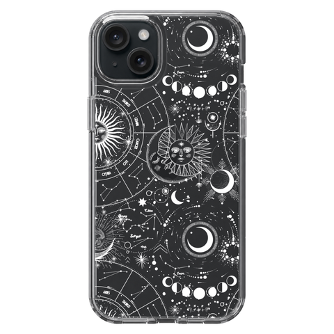 Celestial Zodiac Clear Phone Case White shown on iPhone 15 Plus
