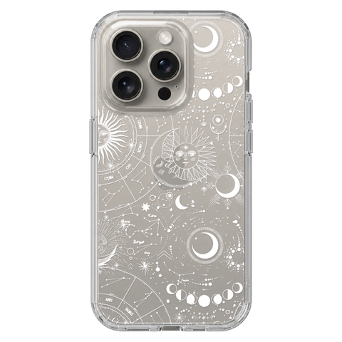 Celestial Zodiac Clear Phone Case White shown on iPhone 15 Pro