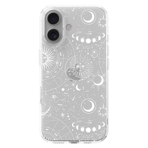 Celestial Zodiac Clear Phone Case White shown on iPhone 16