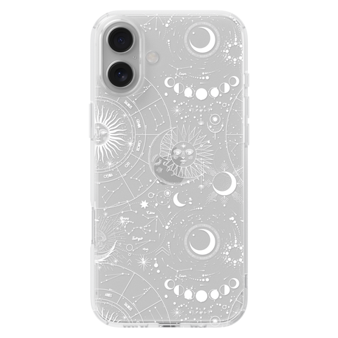Celestial Zodiac Clear Phone Case White shown on iPhone 16 Plus