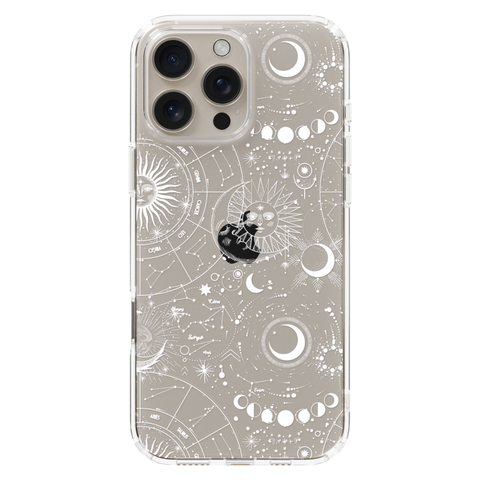 Celestial Zodiac Clear Phone Case White shown on iPhone 16 Pro Max