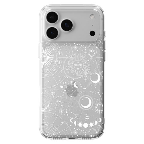Celestial Zodiac Clear Phone Case White shown on iPhone 17 Pro Max