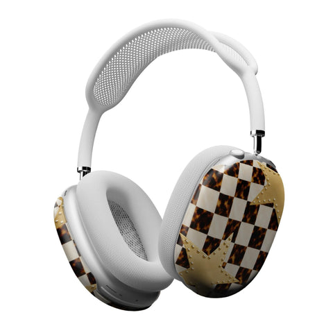 Plaid Tortoise Shell & Gold Stars AirPods Max 2 Case | Protective Snap-On Air Pods Max Cover