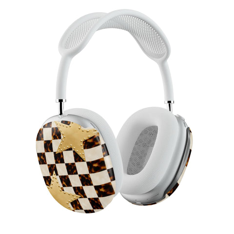 Plaid Tortoise Shell & Gold Stars AirPods Max 2 Case | Protective Snap-On Air Pods Max Cover