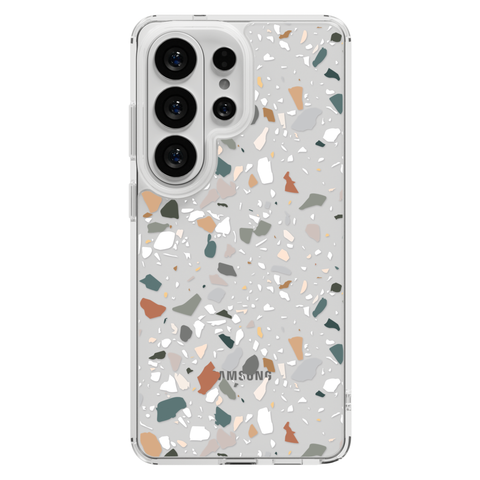 Earth Tone Terrazzo Clear Phone Case shown on Galaxy S25 Ultra