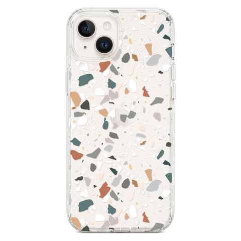 Earth Tone Terrazzo Clear Phone Case shown on iPhone 14 Plus