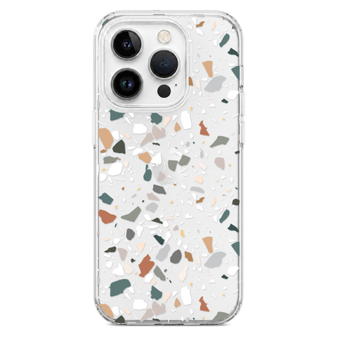 Earth Tone Terrazzo Clear Phone Case shown on iPhone 14 Pro