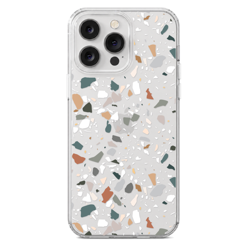 Earth Tone Terrazzo Clear Phone Case shown on iPhone 14 Pro Max