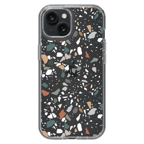 Earth Tone Terrazzo Clear Phone Case shown on iPhone 15