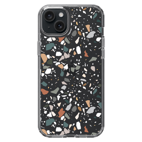 Earth Tone Terrazzo Clear Phone Case shown on iPhone 15 Plus