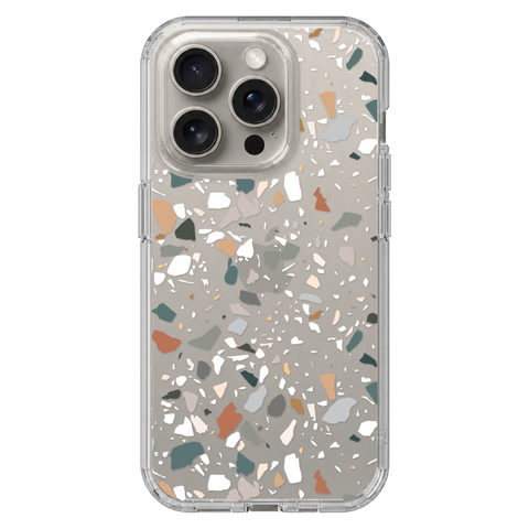Earth Tone Terrazzo Clear Phone Case shown on iPhone 15 Pro