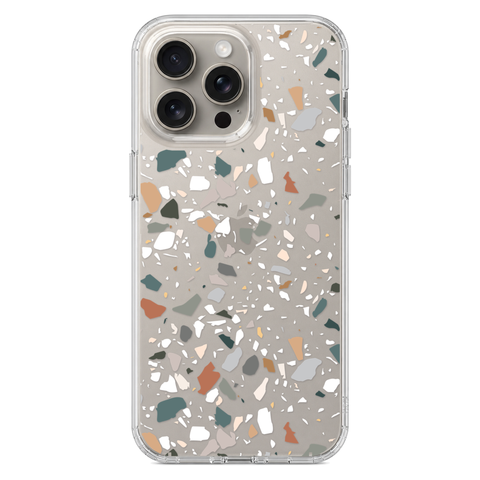 Earth Tone Terrazzo Clear Phone Case shown on iPhone 15 Pro Max