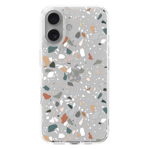Earth Tone Terrazzo Clear Phone Case shown on iPhone 16