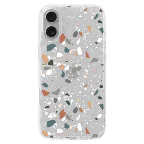 Earth Tone Terrazzo Clear Phone Case shown on iPhone 16 Plus