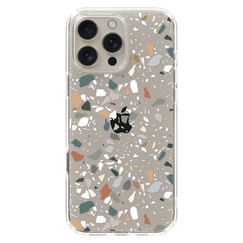 Earth Tone Terrazzo Clear Phone Case shown on iPhone 16 Pro