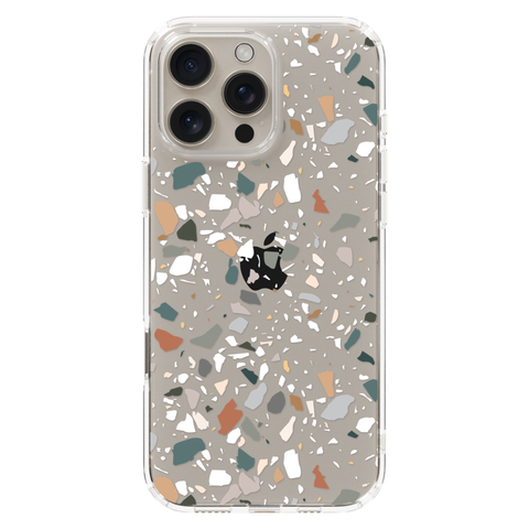 Earth Tone Terrazzo Clear Phone Case shown on iPhone 16 Pro Max