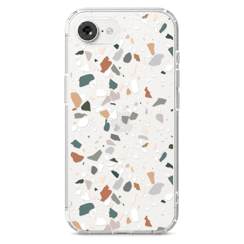 Earth Tone Terrazzo Clear Phone Case shown on iPhone 16e