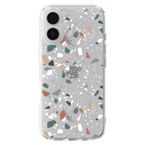 Earth Tone Terrazzo Clear Phone Case shown on iPhone 17