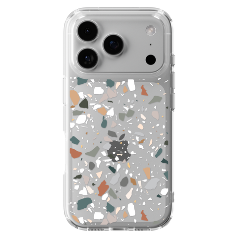 Earth Tone Terrazzo Clear Phone Case shown on iPhone 17 Pro