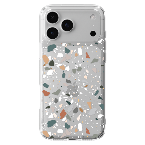 Earth Tone Terrazzo Clear Phone Case shown on iPhone 17 Pro Max