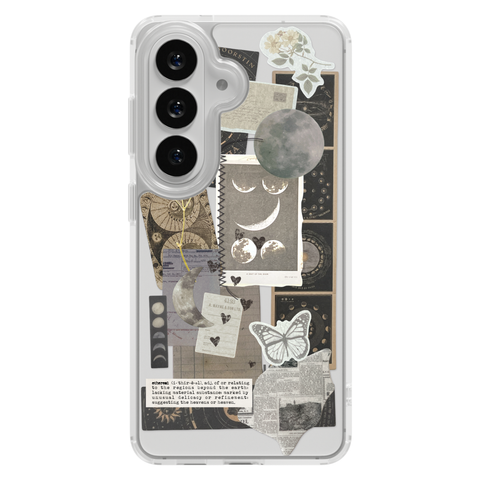 Esoteric Space Scraps Collage Clear Phone Case shown on Galaxy S26 Plus