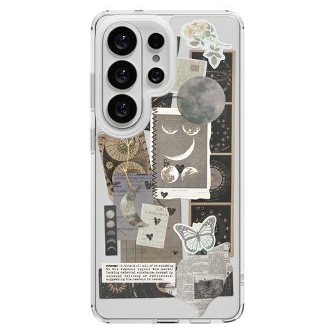 Esoteric Space Scraps Collage Clear Phone Case shown on Galaxy S26 Ultra
