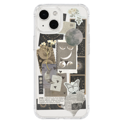 Esoteric Space Scraps Collage Clear Phone Case shown on iPhone 13 Mini