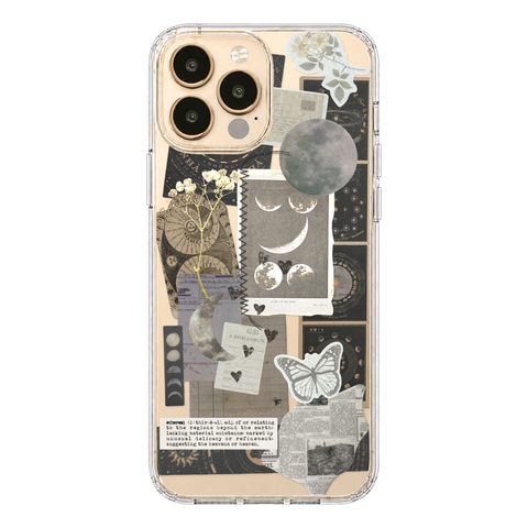 Esoteric Space Scraps Collage Clear Phone Case shown on iPhone 13 Pro Max