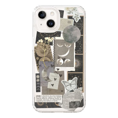 Esoteric Space Scraps Collage Clear Phone Case shown on iPhone 14