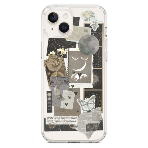 Esoteric Space Scraps Collage Clear Phone Case shown on iPhone 14 Plus