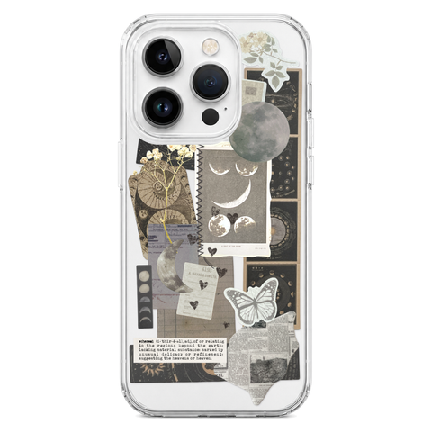 Esoteric Space Scraps Collage Clear Phone Case shown on iPhone 14 Pro