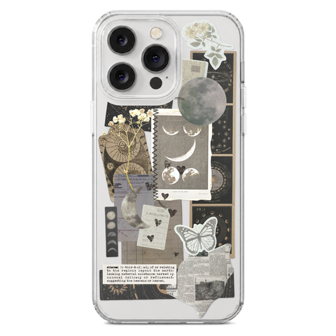 Esoteric Space Scraps Collage Clear Phone Case shown on iPhone 14 Pro Max