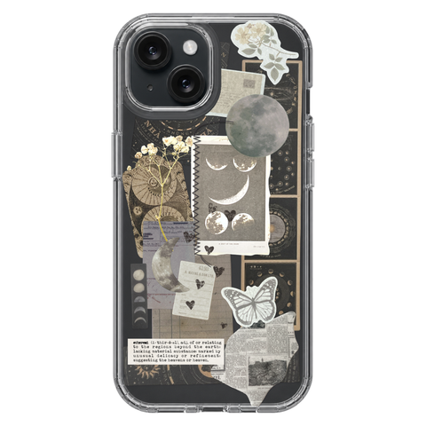 Esoteric Space Scraps Collage Clear Phone Case shown on iPhone 15
