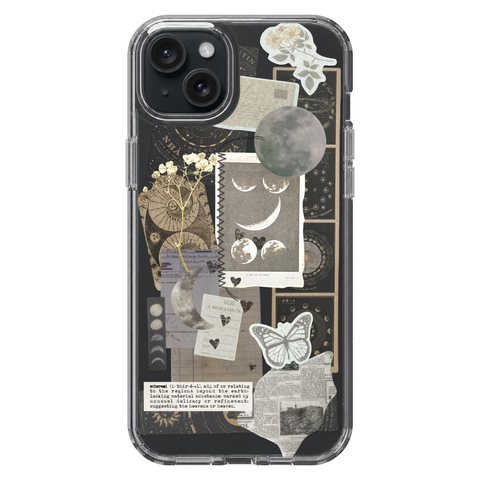 Esoteric Space Scraps Collage Clear Phone Case shown on iPhone 15 Plus