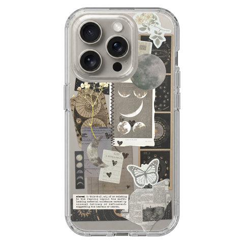 Esoteric Space Scraps Collage Clear Phone Case shown on iPhone 15 Pro