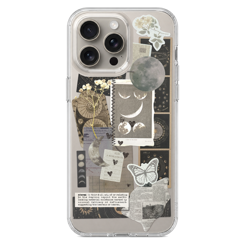 Esoteric Space Scraps Collage Clear Phone Case shown on iPhone 15 Pro Max