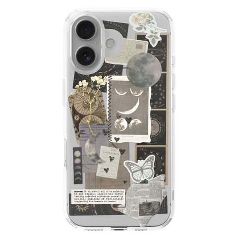 Esoteric Space Scraps Collage Clear Phone Case shown on iPhone 16