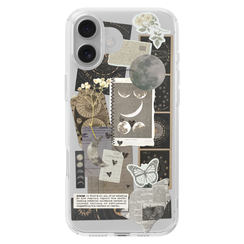 Esoteric Space Scraps Collage Clear Phone Case shown on iPhone 16 Plus