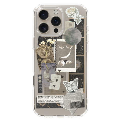 Esoteric Space Scraps Collage Clear Phone Case shown on iPhone 16 Pro Max